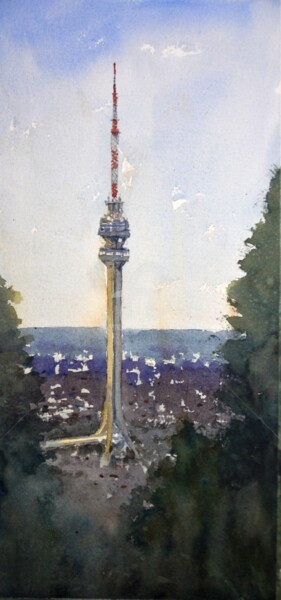 Painting titled "Tower on Avala Belg…" by Nenad Kojić, Original Artwork, Watercolor