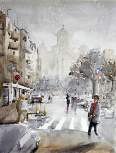 Painting titled "Kosovska street Bel…" by Nenad Kojić, Original Artwork, Watercolor