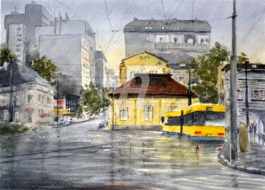 Painting titled "Kiša na trgu Slavij…" by Nenad Kojić, Original Artwork, Watercolor