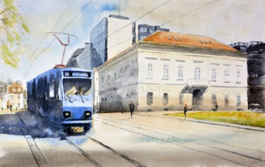 Peinture intitulée "Blue Tram No.2 Beog…" par Nenad Kojić, Œuvre d'art originale, Aquarelle