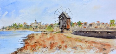 Картина под названием "Windmill in red old…" - Nenad Kojić, Подлинное произведение искусства, Акварель