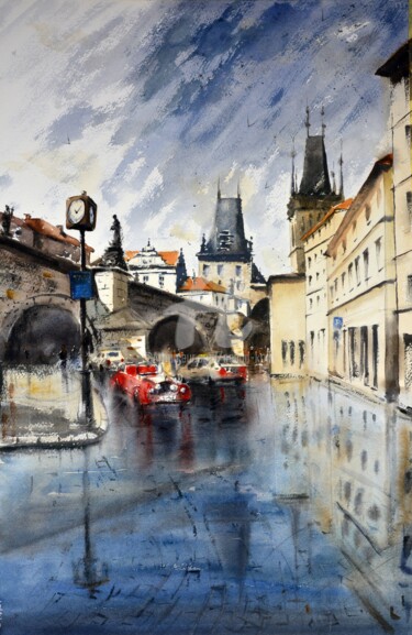 Peinture intitulée "Rain under the Char…" par Nenad Kojić, Œuvre d'art originale, Aquarelle