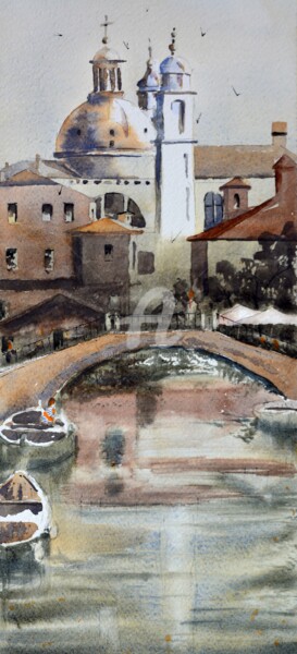 Pintura intitulada "Venice Canal boat a…" por Nenad Kojić, Obras de arte originais, Aquarela