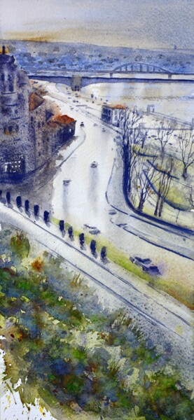 Painting titled "Blue Bridges panora…" by Nenad Kojić, Original Artwork, Watercolor