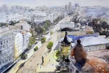 Pittura intitolato "Top view of Belgrad…" da Nenad Kojić, Opera d'arte originale, Acquarello
