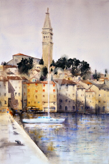 Painting titled "Bela ladja na Jadra…" by Nenad Kojić, Original Artwork, Watercolor