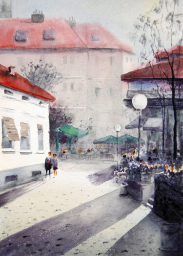 Painting titled "Jesenje sunce / Aut…" by Nenad Kojić, Original Artwork, Watercolor