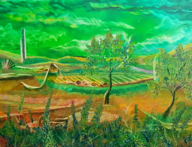 Painting titled ""La valle del Amore…" by Nezir Sarac, Original Artwork, Oil Mounted on Wood Stretcher frame