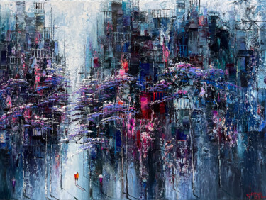 Schilderij getiteld "Dimensional violet" door Ngoc Quan Le, Origineel Kunstwerk, Olie Gemonteerd op Frame voor houten branca…