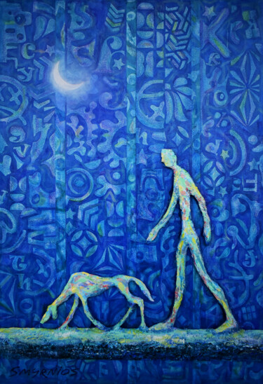 Painting titled "Night walk" by Nicholas Smyrnios, Original Artwork, Plaster Mounted on Cardboard