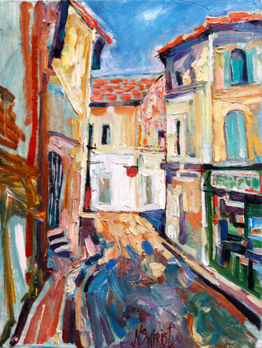 Painting titled "STREET IN ARLES." by Nicifor Swiristuhin, Original Artwork, Oil Mounted on Wood Stretcher frame