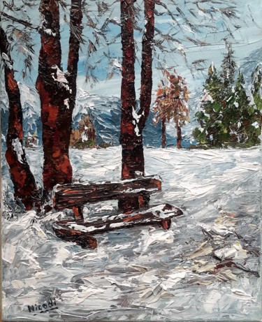 Painting titled "BANC SOUS LA NEIGE…" by Nicodi, Original Artwork, Acrylic