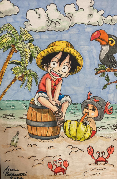 「One Piece on beach」というタイトルの描画 Nicola Bernieriによって, オリジナルのアートワーク, マーカー ガラスにマウント