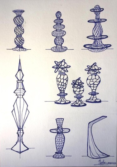 Zeichnungen mit dem Titel "Futuristic Towers" von Nicolas Chammat, Original-Kunstwerk, Marker