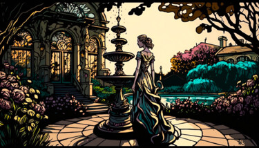 Disegno intitolato "Lady in the Garden" da Nicolas Chammat, Opera d'arte originale, Pittura di vetro colorato