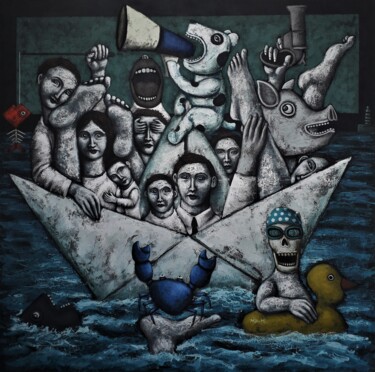 Картина под названием "ORIGAMI ET CIEL BIZ…" - Nicolas Monjo, Подлинное произведение искусства, Акрил Установлен на Деревянн…