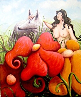 Peinture intitulée "Femme au Loup Blanc" par Nicolas Pihery, Œuvre d'art originale, Huile