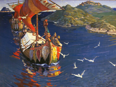 Malerei mit dem Titel "Les invités étrange…" von Nicolas Roerich, Original-Kunstwerk, Öl