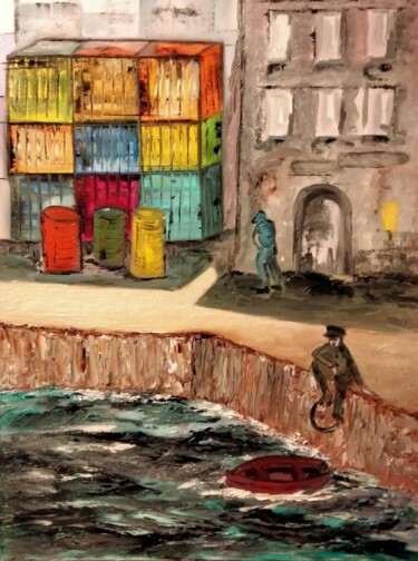 Pittura intitolato "Sur le port" da Nicole Bachelard, Opera d'arte originale, Olio Montato su Telaio per barella in legno