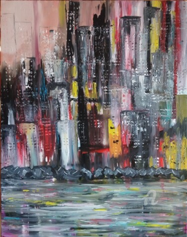 Painting titled "La nuit sur la ville" by Nicole Bachelard, Original Artwork, Oil Mounted on Wood Stretcher frame