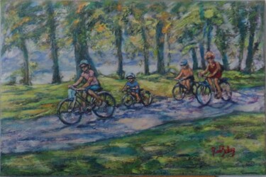 Painting titled "Balade à vélo au bo…" by Nicole Bellocq, Original Artwork, Oil