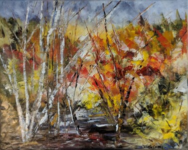 Schilderij getiteld "Boisé d'automne rou…" door Nicole Caron, Origineel Kunstwerk, Olie