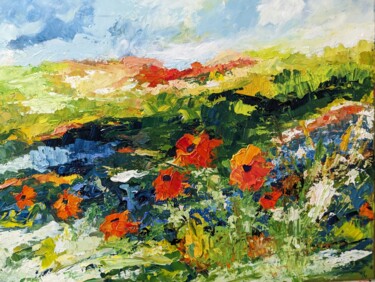 Painting titled "Les coquelicots" by Nicole Caron, Original Artwork, Oil