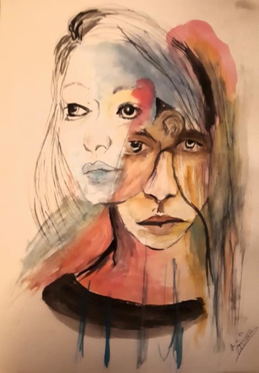 Peinture intitulée "Mon double" par Nicole De Pauw, Œuvre d'art originale, Aquarelle