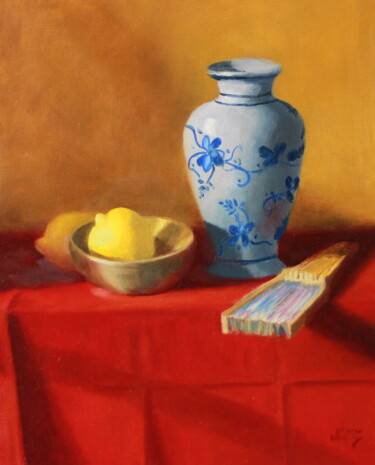 Pittura intitolato "Vase chinois citron…" da Nicole Le Gall, Opera d'arte originale, Olio