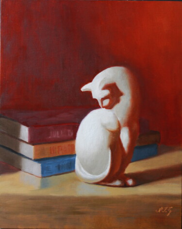 Pintura intitulada "White Cat on Red Ba…" por Nicole Le Gall, Obras de arte originais, Óleo Montado em Painel de madeira