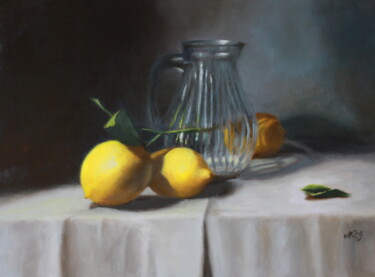 Painting titled "Lemons and Glass Jug" by Nicole Le Gall, Original Artwork, Oil