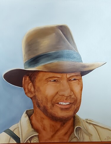 Painting titled "harrison Ford" by Nicole Pèpe Gaumier, Original Artwork, Oil Mounted on Wood Stretcher frame