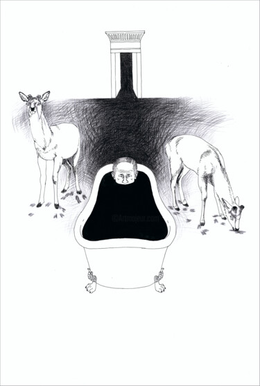 Disegno intitolato "Deers and Putin" da Veronika Bernard, Opera d'arte originale, Inchiostro