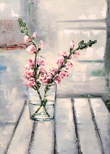 「Pink flowers in a g…」というタイトルの絵画 Nika Mayerによって, オリジナルのアートワーク, オイル ウッドストレッチャーフレームにマウント