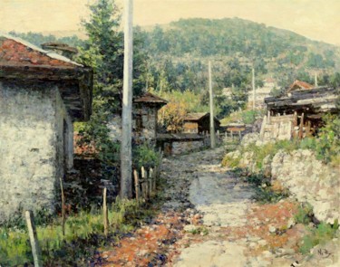 Painting titled "The Village Edge" by Nikolo Balkanski, Original Artwork, Oil