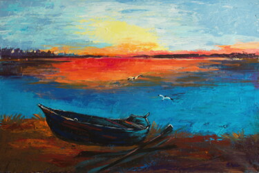 绘画 标题为“Одинокая лодка на з…” 由Nikita Chaikovskiy, 原创艺术品, 丙烯 安装在木板上