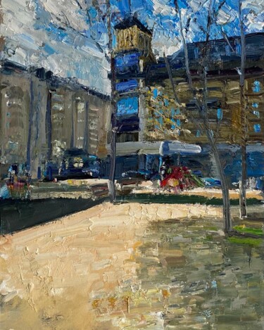 Painting titled "view of Smolenskaya…" by Nikita Voloshin, Original Artwork, Oil Mounted on Cardboard