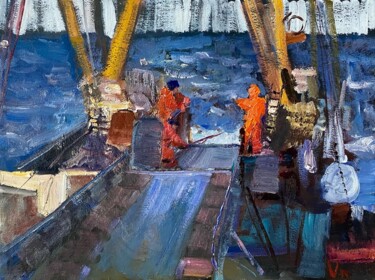 Malarstwo zatytułowany „On a fishing boat” autorstwa Nikita Voloshin, Oryginalna praca, Olej