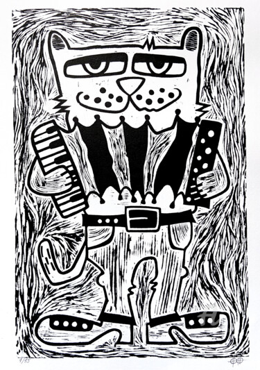 「Сat with accordion」というタイトルの製版 Nikita Ostapencoによって, オリジナルのアートワーク, Linocuts