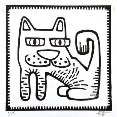 Druckgrafik mit dem Titel "Kitty mark #2" von Nikita Ostapenco, Original-Kunstwerk, Linoldrucke