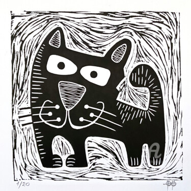 「LinoCat #8」というタイトルの製版 Nikita Ostapencoによって, オリジナルのアートワーク, Linocuts