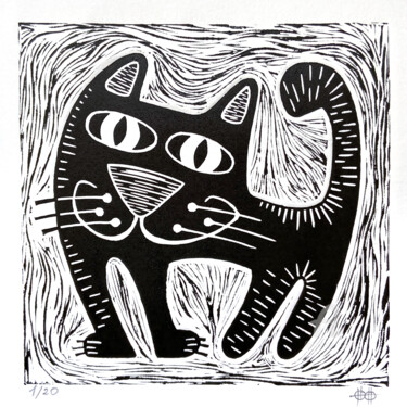 「LinoCat #9」というタイトルの製版 Nikita Ostapencoによって, オリジナルのアートワーク, Linocuts