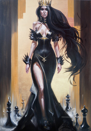 Painting titled "BLACK QUEEN" by Nikolay Kharitonov, Original Artwork, Oil Mounted on Wood Stretcher frame