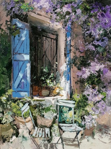 Painting titled "In front of a window" by Nikoletta Király, Original Artwork, Oil Mounted on Wood Panel