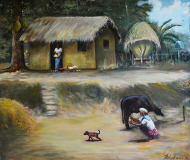 Peinture intitulée "Daily Chores" par Nilantha Vidanarachchi, Œuvre d'art originale, Huile Monté sur Châssis en bois