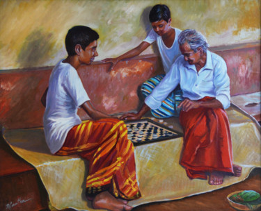 Painting titled "Young vs. Old" by Nilantha Vidanarachchi, Original Artwork, Oil Mounted on Wood Stretcher frame