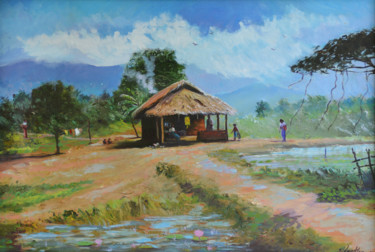Schilderij getiteld "Village Life" door Nilantha Vidanarachchi, Origineel Kunstwerk, Olie Gemonteerd op Frame voor houten br…