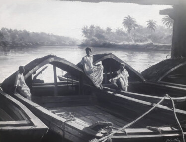 绘画 标题为“River Boats” 由Nilantha Vidanarachchi, 原创艺术品, 丙烯 安装在木质担架架上