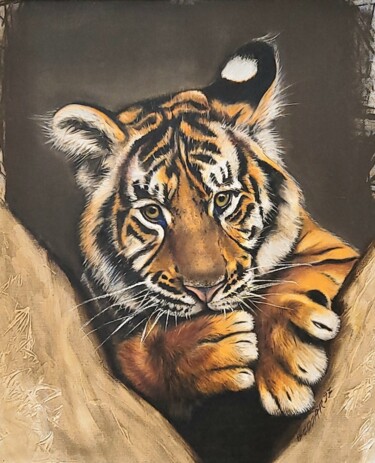 Pintura intitulada "Jeune tigre" por Nina Beddar, Obras de arte originais, Óleo Montado em Armação em madeira