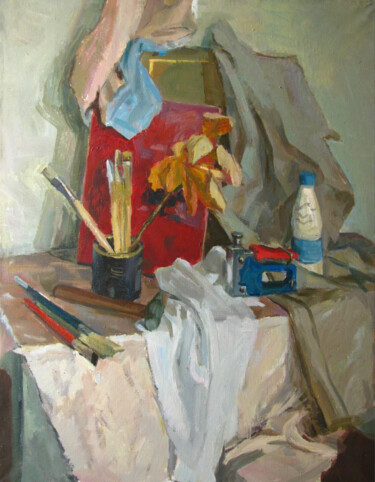 Painting titled "Still life" by Nina Ezerskaya, Original Artwork, Oil Mounted on Wood Stretcher frame